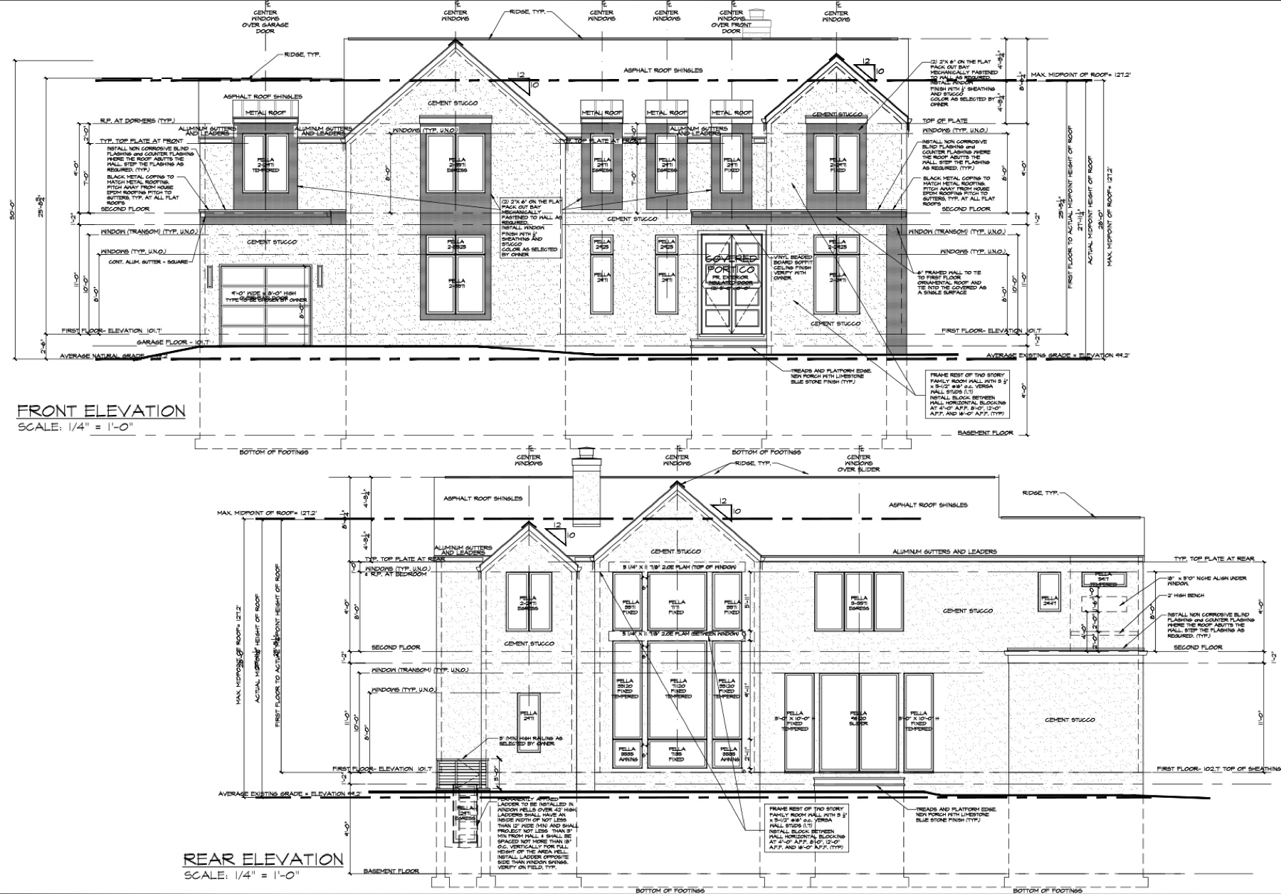 Closter custom home — front and rear architectural elevations.